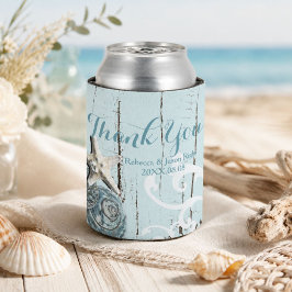Enfriador De Latas Elegante madera conchas de mar azules Boda de play