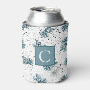 Enfriador De Latas Elegante Monograma azul de acero Floral