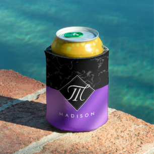 Enfriador De Latas Elegante Monograma de Mármol Negro y Relieve metal