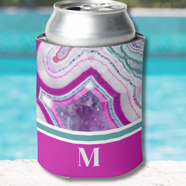 Enfriador De Latas Elegante Monograma Inicial Moderno (Chic Modern Teal Fuchsia Agate Stone Monogram Can)