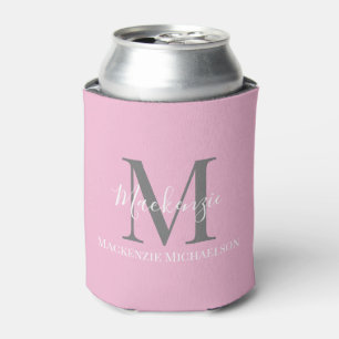 Enfriador De Latas Elegante Monograma Personalizado Rosa Gris