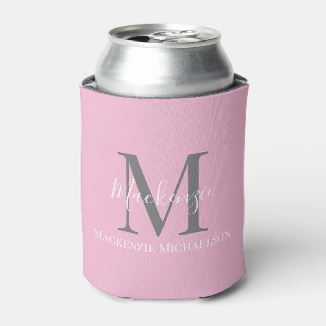Enfriador De Latas Elegante Monograma Personalizado Rosa Gris (Lata Anverso)