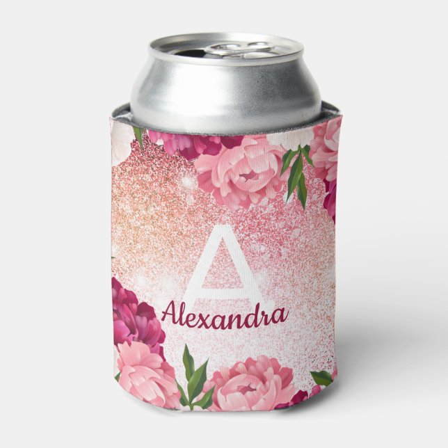 Enfriador De Latas Elegante Monograma Purpurina Rosa floral (Lata Anverso)
