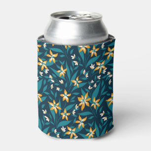 Enfriador De Latas Elegante patrón de flores amarillas en hojas verde