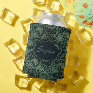 Enfriador De Latas Elegante patrón floral de damasco verde vintage