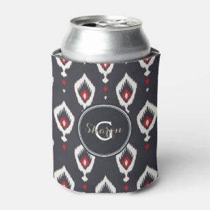 Enfriador De Latas Elegante patrón tribal ikat negro y rojo con monog