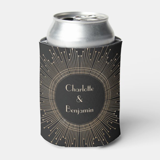 Enfriador De Latas Elegante Personalizado Boda negro y oro Art Deco (Lata Anverso)