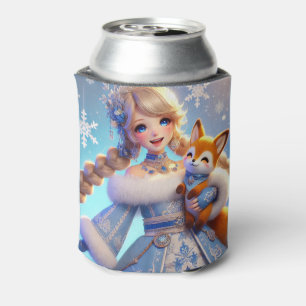 Enfriador De Latas Elegante princesa de invierno sosteniendo un zorro