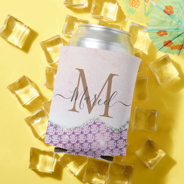 Enfriador De Latas Elegante Purpurina rosa Rosa Monograma (Verano in situ)