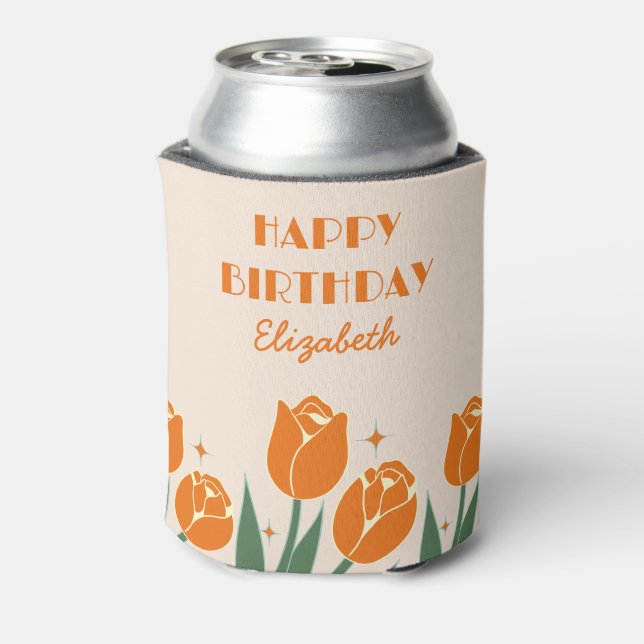 Enfriador De Latas Elegante retro Tulip Floral Naranja Cumpleaños (Reverso de la lata)