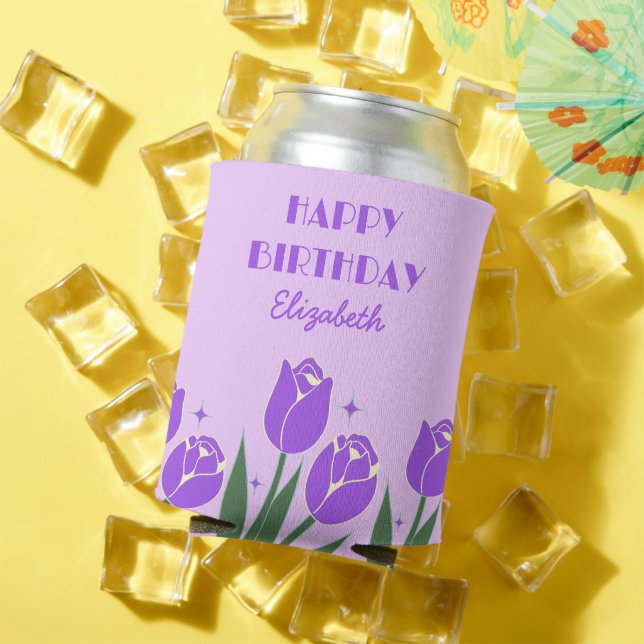 Enfriador De Latas Elegante Retro Tulip Floral Purple Cumpleaños (Verano in situ)