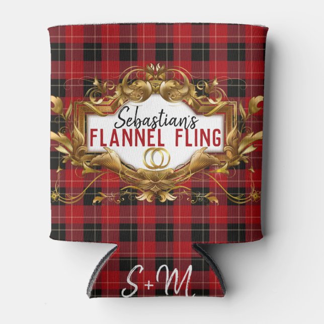 Enfriador De Latas Elegante rojo y negro hinojo | Boda Plaid (Anverso)