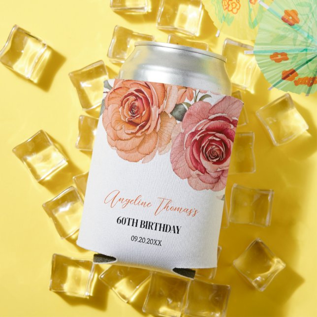 Enfriador De Latas Elegante Rosa Naranja Rojo Floral Cumpleaños (Verano in situ)