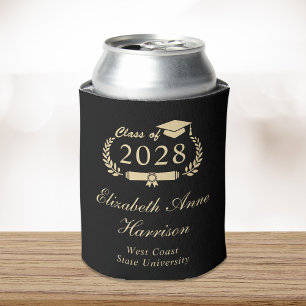 Enfriador De Latas Elegante Script Black Gold Graduation Party