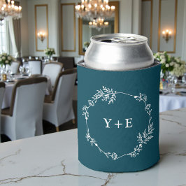 Enfriador De Latas Elegante Simple Boda Monogramada en Azul Turquesa 