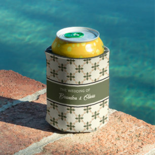 Enfriador De Latas Elegante Verde Salvia y Floral Geométrico Beige