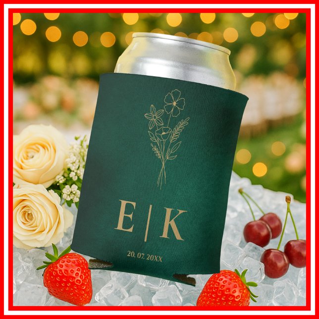 Enfriador De Latas Emerald Green & Gold Monogram Wildflower Wedding (Subido por el creador)