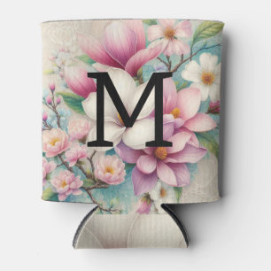 Enfriador De Latas Encaje de monograma flores de magnolias rosadas y