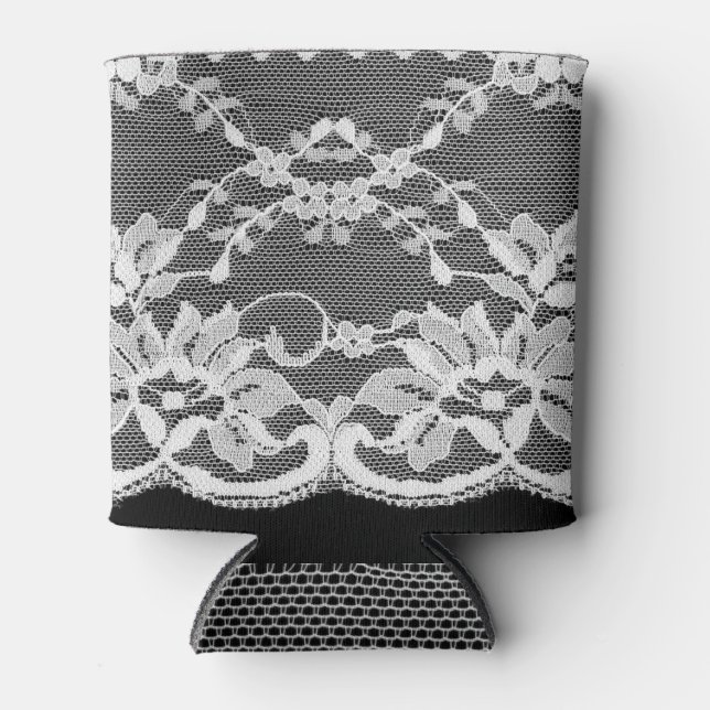 Enfriador De Latas Encaje floral blanco: fondo negro. (Anverso)