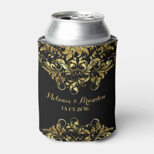 Enfriador De Latas Encaje Floral Negro y Dorado Falso