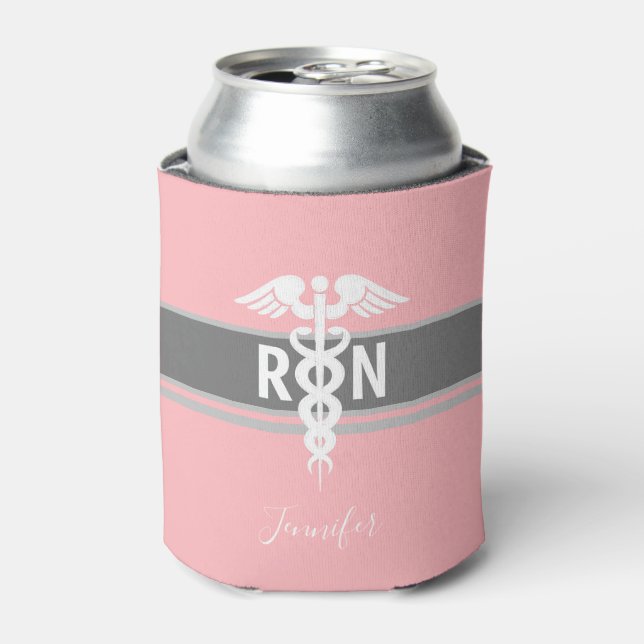 Enfriador De Latas Enfermera Médica Caduceus Rosa Personalizada (Lata Anverso)