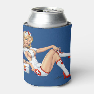 Enfriador De Latas Enfermera rubia en uniforme que levanta medias