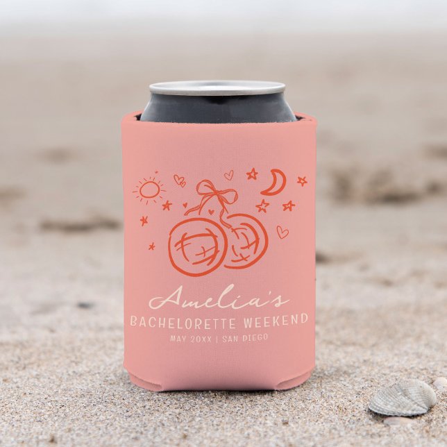 Enfriador De Latas Esbozo rosa y rojo Disco Bachelorette Weekend (Pink and red disco bachelorette party personalized can cooler.)