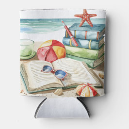 ENFRIADOR DE LATAS ESCENA DE PLAYA VERANIEGA EN ACUARELA PASTEL CON L