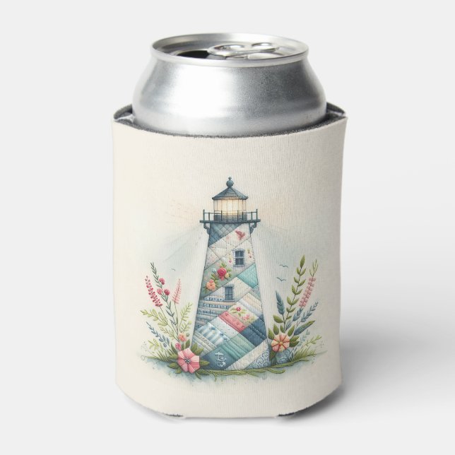 Enfriador De Latas Escena floral costera del faro de patchwork (Lata Anverso)