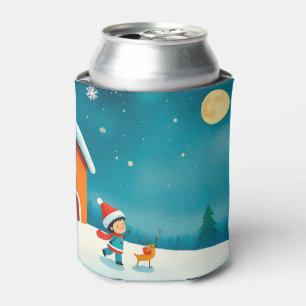 Enfriador De Latas Escena invernal con niño, reno, árbol de Navidad