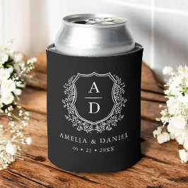 Enfriador De Latas Escudo blanco negro Boda de monograma moderno