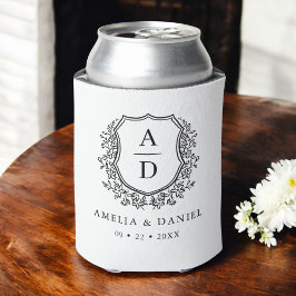 Enfriador De Latas Escudo blanco negro Boda de monograma moderno