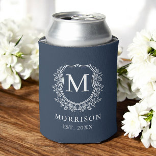 Enfriador De Latas Escudo de Monograma Azul de la Marina Boda Botánic
