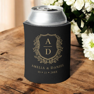 Enfriador De Latas Escudo de oro negro Boda de monograma moderno