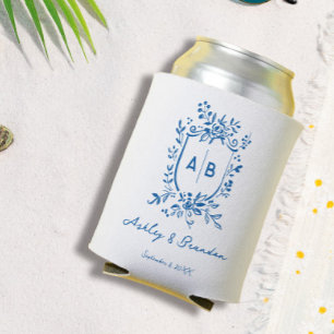 Enfriador De Latas Escudo Monograma Caprichoso Azul Francés para Boda