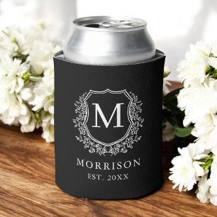 Enfriador De Latas Escudo negro Boda moderno en monograma botánico