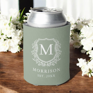 Enfriador De Latas Escudo verde sabio Boda de monograma botánico
