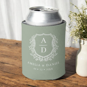 Enfriador De Latas Escudo verde sabio Boda de monograma moderno