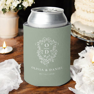 Enfriador De Latas Escudo verde sabio Boda de monograma moderno
