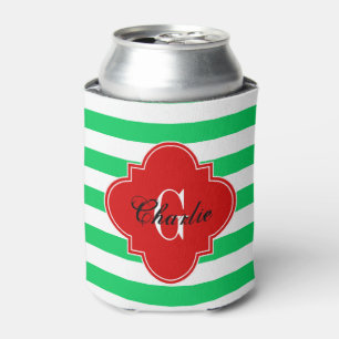 Enfriador De Latas Esmeralda Verde Horiz Stripe Red Nombre Inic Monog