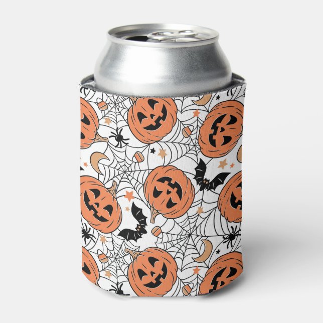 Enfriador De Latas Espeluznante Patrón Halloween de Calabaza (Lata Anverso)