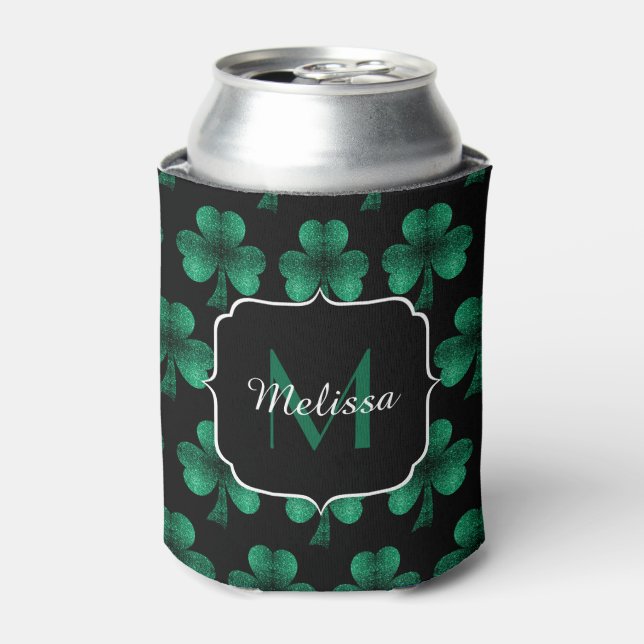 Enfriador De Latas Espuma verde esmeralda Shamrock negro Monograma (Lata Anverso)