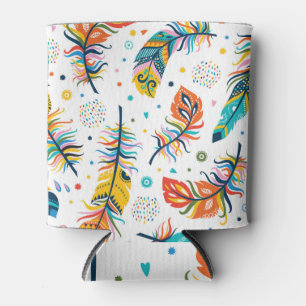 Enfriador De Latas Estilo boho, patrón de plumas sin costura.