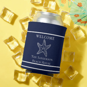 Enfriador De Latas Estrella de mar blanca náutica personalizada azul