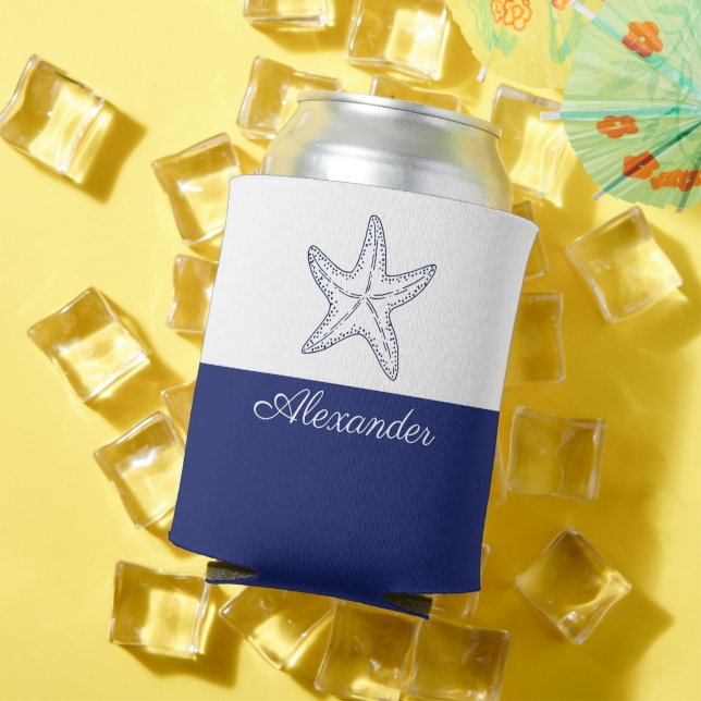 Enfriador De Latas Estrella de Monograma Blanco Azul de la Marina Mod (Verano in situ)