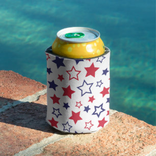 Enfriador De Latas Estrellas Rojas y Azules, 4 de Julio, Fondo Blanco
