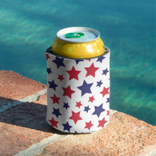 Enfriador De Latas Estrellas Rojas y Azules, 4 de Julio, Fondo Blanco