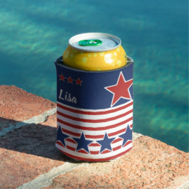 Enfriador De Latas Estrellas y bandas blancas y azules de color rojo 