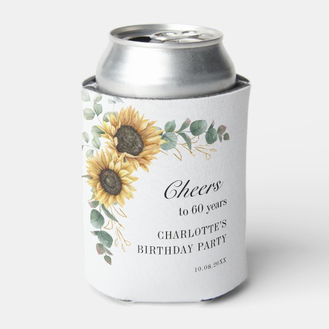 Enfriador De Latas Eucalyptus Floral Guión de girasol 60 cumpleaños (Lata Anverso)