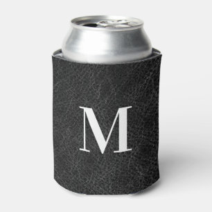 Enfriador De Latas Falso Cuero Negro Monograma Moderno